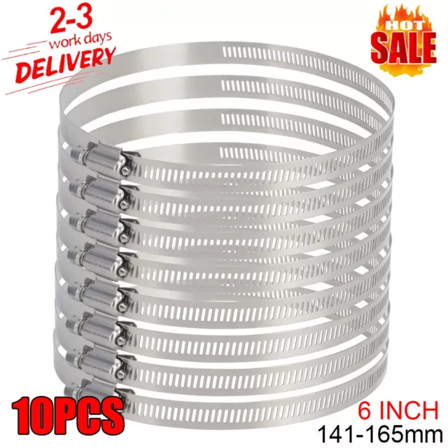 10Pcs 6" (141-165mm) Cable Pipe Worm Gear Duct Clamp Stainless Steel Hose Clamp