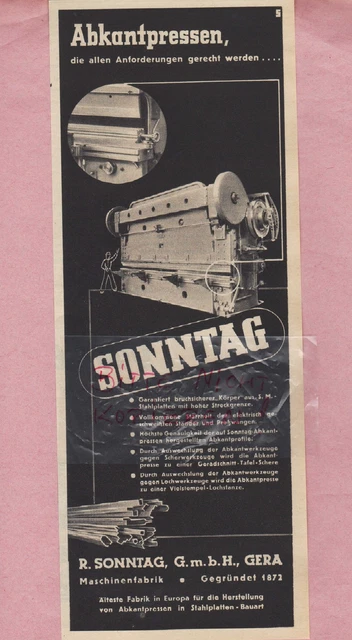 GERA, Werbung 1936, R. Sonntag GmbH Abkantpressen Maschinen-Fabrik