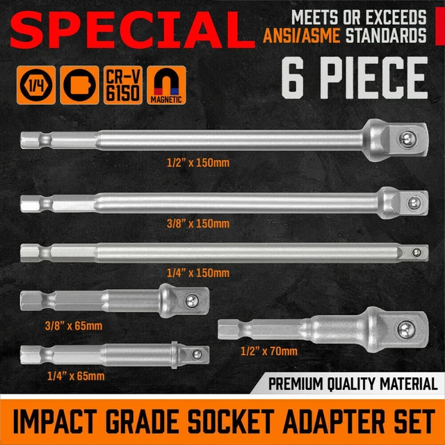 6 pc 6" & 3" Impact Grade Socket Adapter Set 1/4" 3/8" 1/2" Drive 1/4" Hex Shank