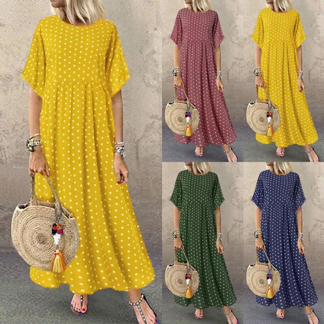 Donna Boho Abito Manica Corta Plaid Casual Sciolto Estate Maxi Taglie Forti Au