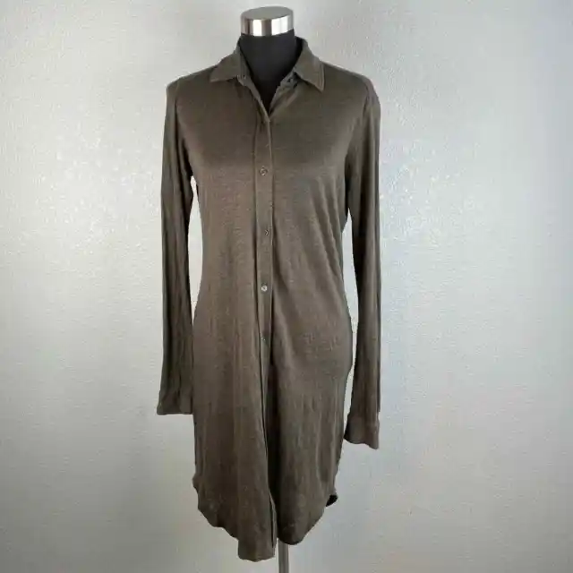 Majestic Paris Button Up Shirt Dress 3 L Large Brown Knit 100% Linen Long Sleeve
