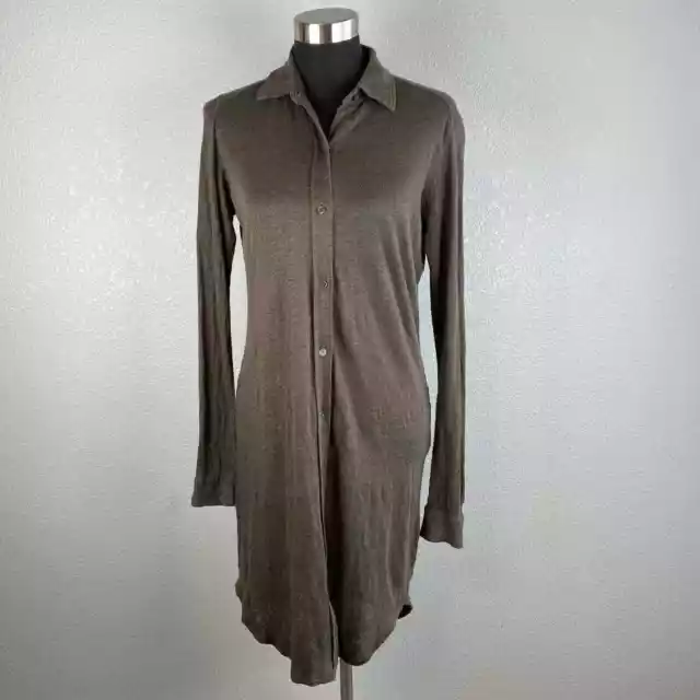 Majestic Paris Button Up Shirt Dress 3 L Large Brown Knit 100% Linen Long Sleeve