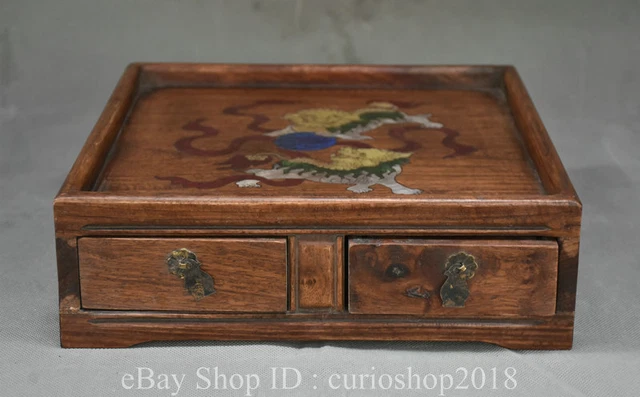 10.4 " China Huanghuali Wood Inlay Shell Fengshui Lions Beast Drawer Storage Box