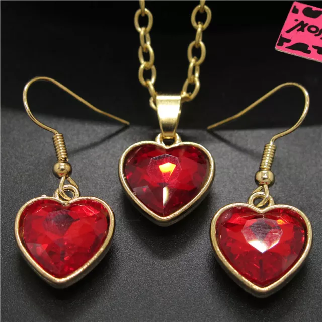New Red Bling Crystal Heart Pendant Chain Fashion Women Necklace Earring Set