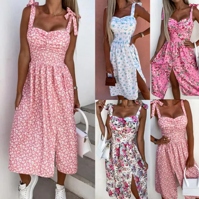 Women Summer Floral Beach Midi Swing Dress BOHO Holiday Strappy Sun Dresses Size