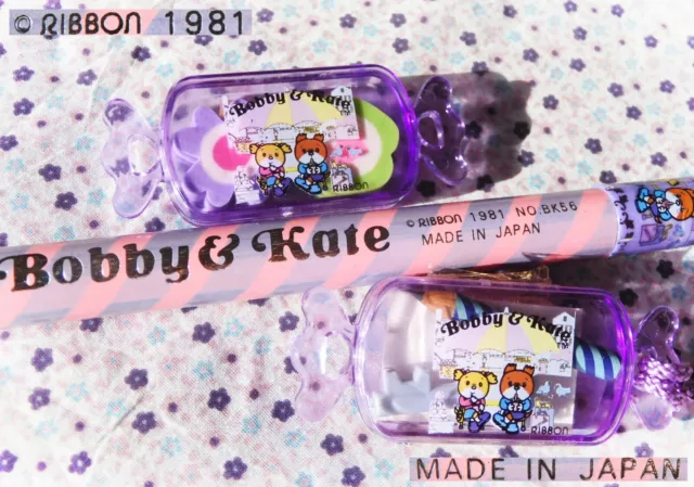 💜 VINTAGE 1981 RIBBON Bobby Kate Jumbo Matita Pencil + Gommina Cased Eraser JAP