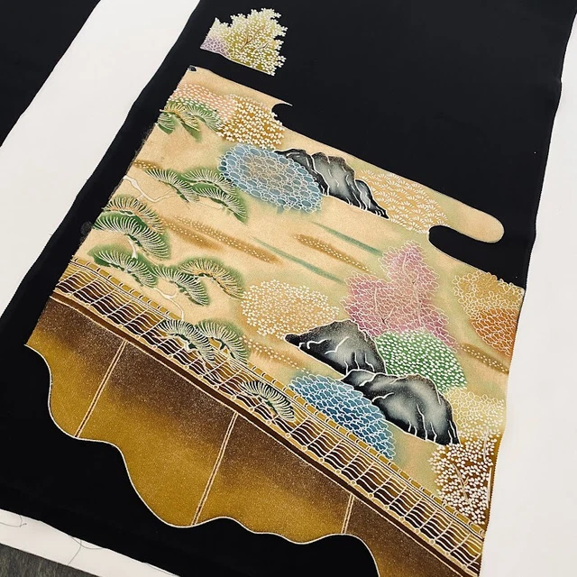 Zen #C 13.5x63 LONG Kinbuchi Hand Painted Tomesode Black Kimono Silk ToD99