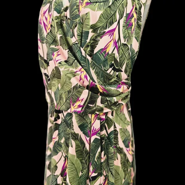 Lands End Jersey Knit Faux Wrap Dress Pink Green Tropical Print Cap Slv Women 2X