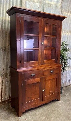 Vintage Lighted Walnut China Hutch, Kitchen Cupboard, Display Case, Showcase