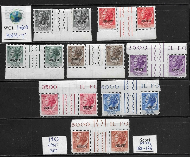 WC1_13609. ITALY: TRIESTE FTT. Gutter pairs 1953 SIRACUSANA. Scott 168-176. MNH