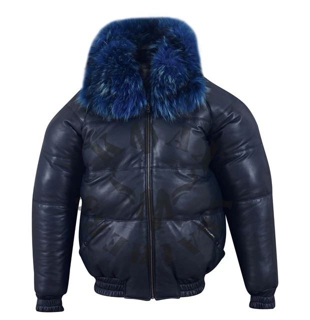 Men's Puffer Bomber Sheepskin Leather Jacket Removable Raccoon Fur Collar & Hood
