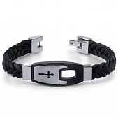 Mens Stainless Steel and Braided Leather Cross Motif Bracelet