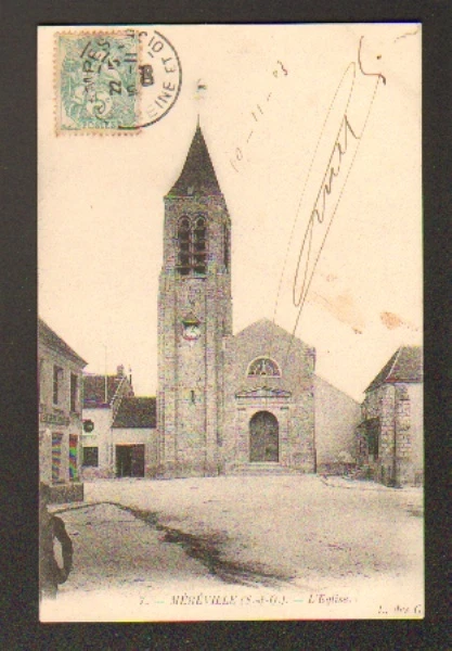 MEREVILLE (91) BUREAU de TABACS , VILLAS & EGLISE animée en 1903