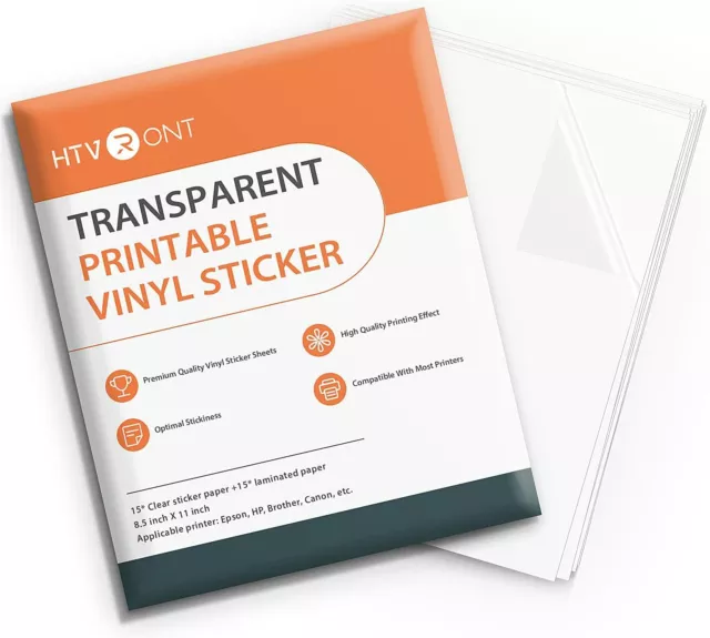 15 SHEETS GLOSSY Clear Printable Vinyl Sticker Paper for Inkjet & Laser