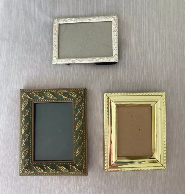 Lot of 3 small picture frames - Holds pictures 2" x 3", wood, metal, pewter?