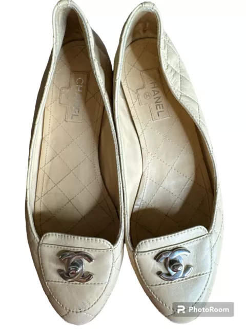 Chanel Beige Quilted Loafer Flat With Silver  CC Accent 3
