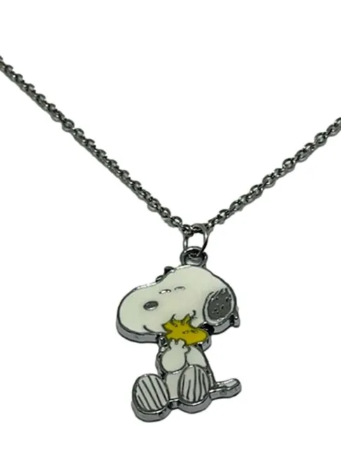 Snoopy Sitting Holding Woodstock Characters Enamel Metal Pendant Necklace