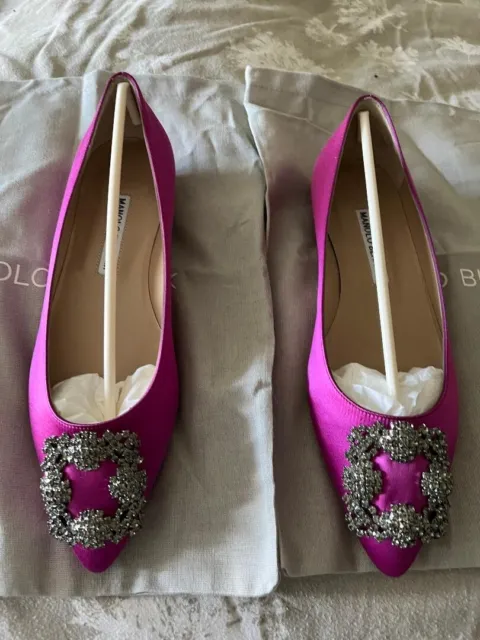 MANOLO BLAHNIK NWB SIZE 6.5/36.5 Hangisi Fuschia Pink Satin Flats Shoes
