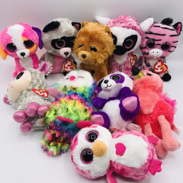 Lot of 10 Ty Beanie Boo Plush 6" Stuffed Animals Some Big Glitter Eyes Assorted