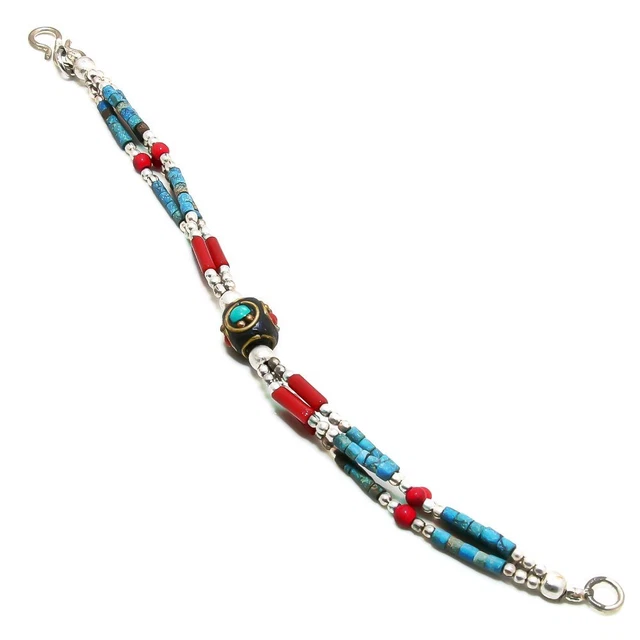 Tibetan Turquoise & Red Coral Nepali Multi-Strand Handmade Necklace