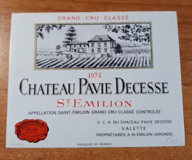 Etiquette de vin/ Wine Label PAVIE DECESSE 1974 neuve