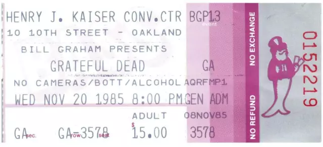 Vintage Grateful Dead Ticket Stub November 20 1985 Oakland California