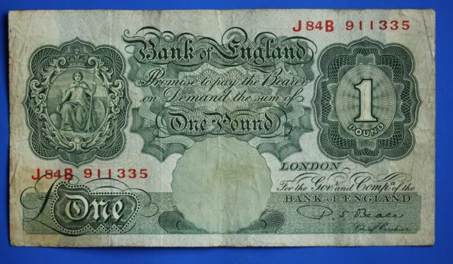 1950 Bank of England One pound £1, Beale Prefix "J84B" banknote  [24714]