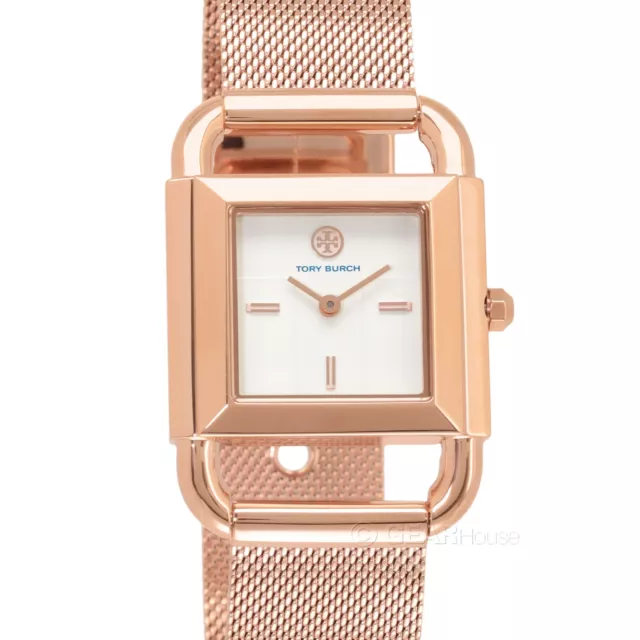 TORY BURCH Phipps Womens Rose Gold Watch, White Square Dial, Steel Mesh Band