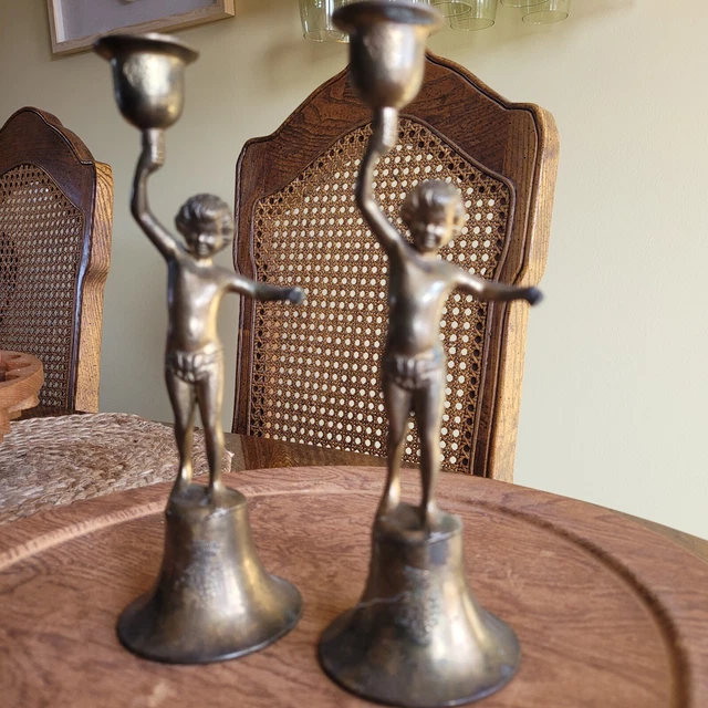 Vtg Pair Brass Figural Candlestick Holders Boy Cherub Art Nouveau 8.25"