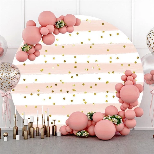 Pink White Stripe Gold Dots Round Birthday Backdrop