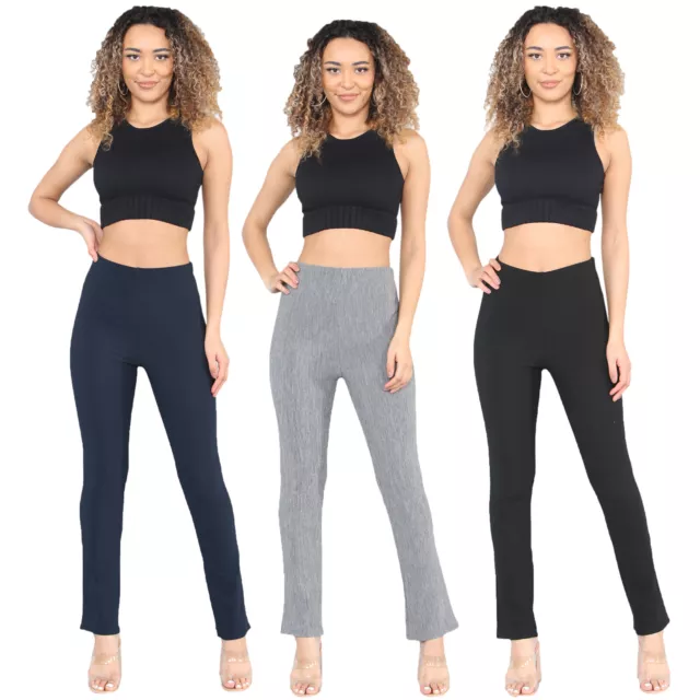 2 Pack Womens Bootleg Trousers Ladies Bootcut Stretch Finely Ribbed Work Bottoms