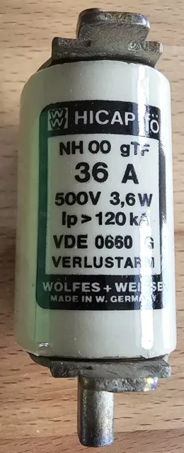 3 Stk lfö HICAP 00 NH Schmelzeinsatz 36A 500V Wolfes + Weisse