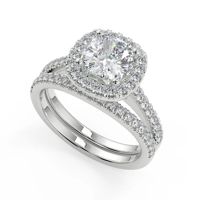 2.25 Ct Cushion Cut Halo Pave Diamond Engagement Ring VS1 G Treated