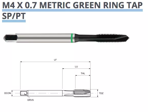 M4 x 0.7 SPIRAL POINT TAP GREEN RINGED 6HX DIN371 EUROPA TOOL TM31300400  P374