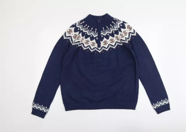 Maglione pullover in cotone Marks and Spencer blu finto collo Fair Isle taglia 15-1