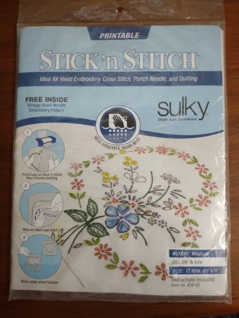Paquete de 12 hojas autoadhesivo imprimible Sulky Stick' N Stitch - blanco mediano