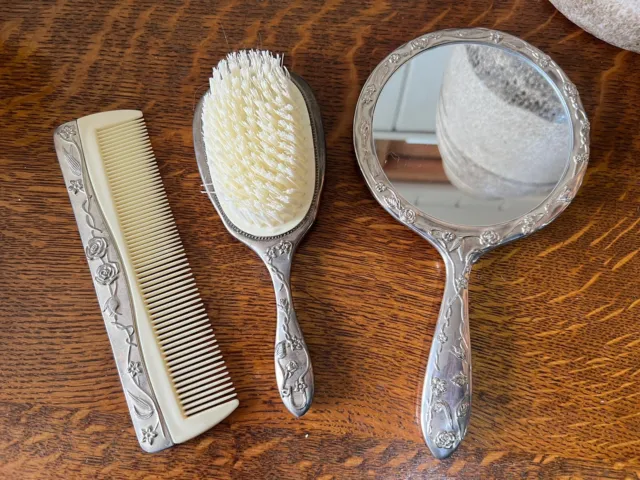 Vintage Silver Plated Hair brush & Mirror Art Noveu Style Nylon Bristle