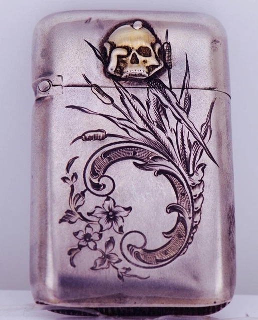 ANTIQUE VESTA CASE Victorian Memento Mori Skull Engraved Silver c1880's ...