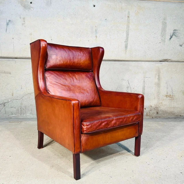 ELEGANT VINTAGE DANISH 70s Stouby Cognac Leather Wingback Chair
