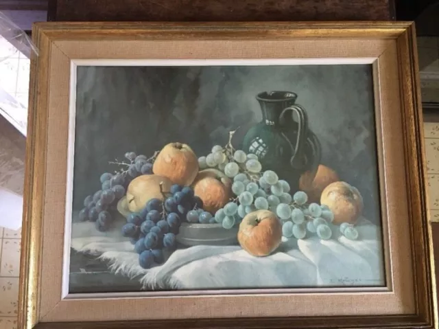 Vintage Framed Still Life Print E Kruger Fruit Grapes Pitcher Classic