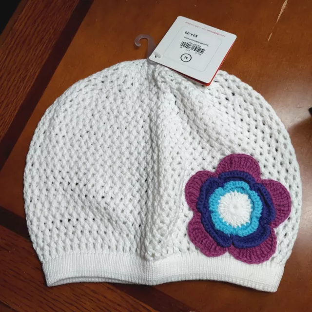 Hanna Andersson Girl's Size Medium White Crocheted Hat with Flower, NEW RET $24