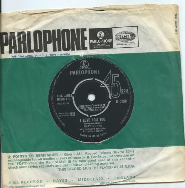 Matt Monro:I love you too/Somewhere:UK Parlophone:1964