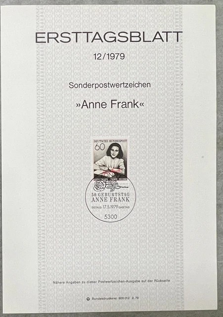 Ersttagsblatt Anne Frank 50. Geburtstag 1979 Sonderpostwertzeichen