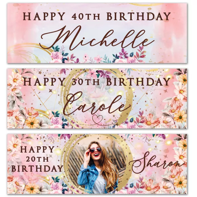 Personalised birthday banner photo flower kids girl pink woman party decoration