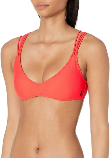 Volcom ELECTRIC CORAL Simply Solid V-neck Bikini Swim Top, US Large