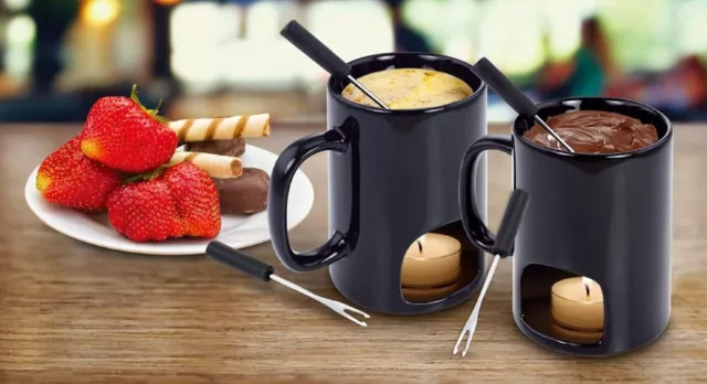 Fondue Mugs Set of 2 | Ceramic Mugs for Chocolate or Cheese | Includes Forks 3