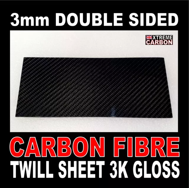 3mm Carbon Fibre Sheet Double Sided Twill Weave 3K Gloss 230mm x 100mm RC DRONE