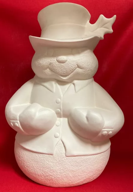 Large 10 1/2" Fat Snowman with Holly Leaf (Ceramic Bisque Ready to Paint Ready)