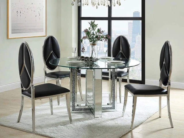 5 piece Kitchen Dining Set - Round Glass Top Metal Base Table & Black Chairs CB3