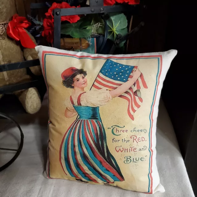 Vintage Victorian Primitive Antique Style Patriotic America Usa Flag Lady Pillow